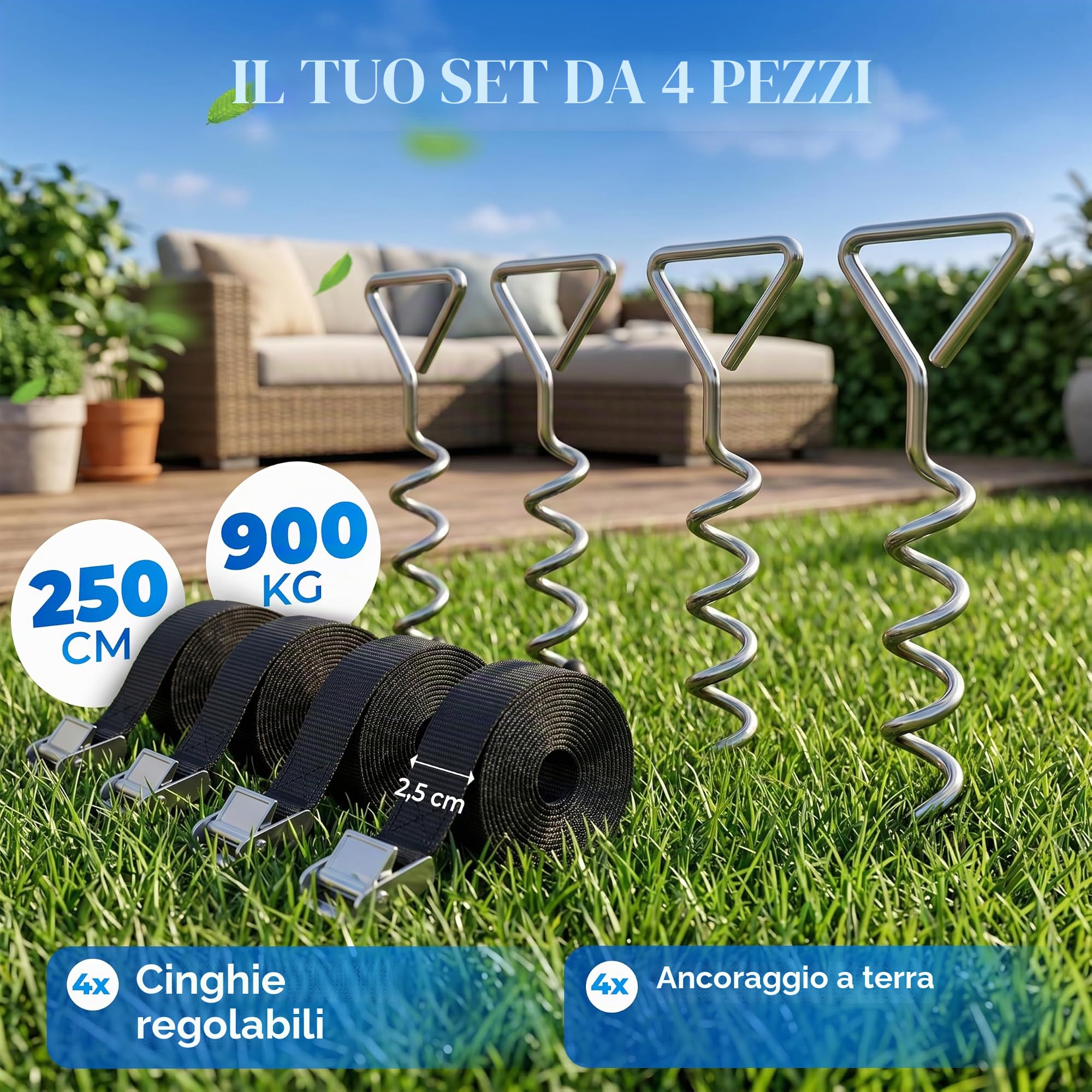 Monzana 4 Picchetti a Vite Ancoraggio a Terra 42,5cm 5 Spirali 900kg Cinghie Regolabili Acciaio Inox
