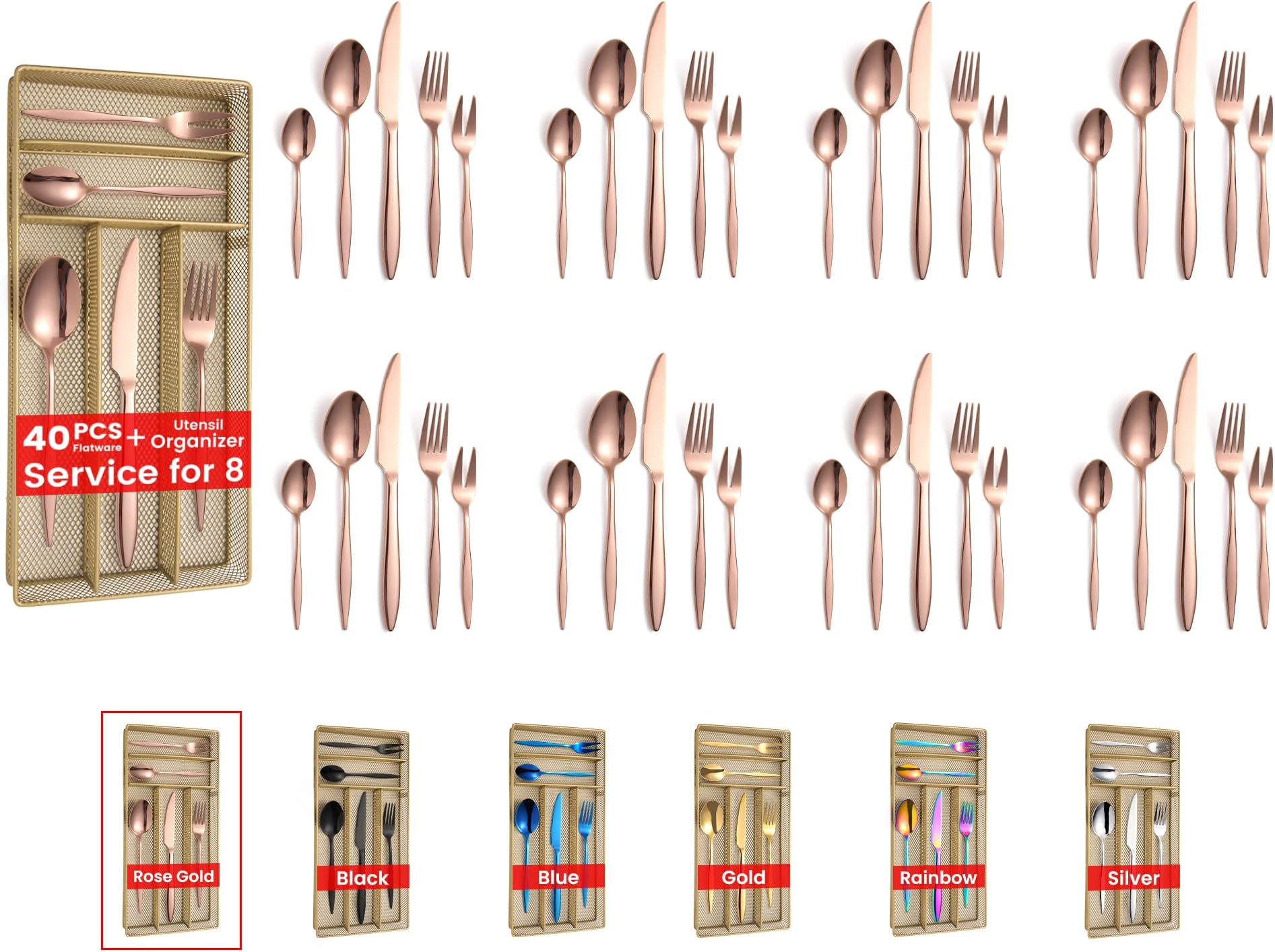 KITWARERose Gold Silverware Set with Utensil Organizer, Kitchen Cutlery Set Stainless Steel, 40-Piece Flatware Set for 8, Home & Kitchen Tableware, Mirror Polished, Dishwasher Safe