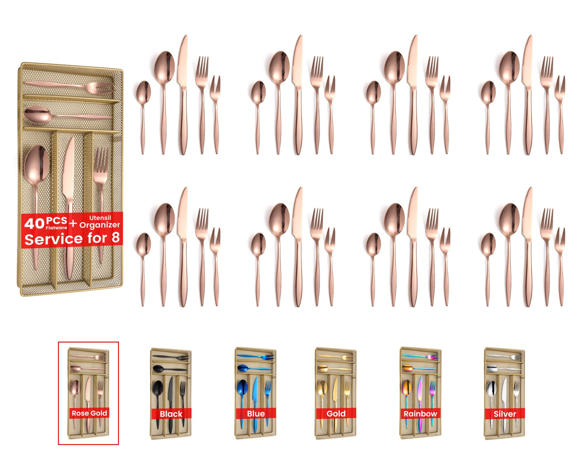 KITWARERose Gold Silverware Set with Utensil Organizer, Kitchen Cutlery Set Stainless Steel, 40-Piece Flatware Set for 8, Home & Kitchen Tableware, Mirror Polished, Dishwasher Safe