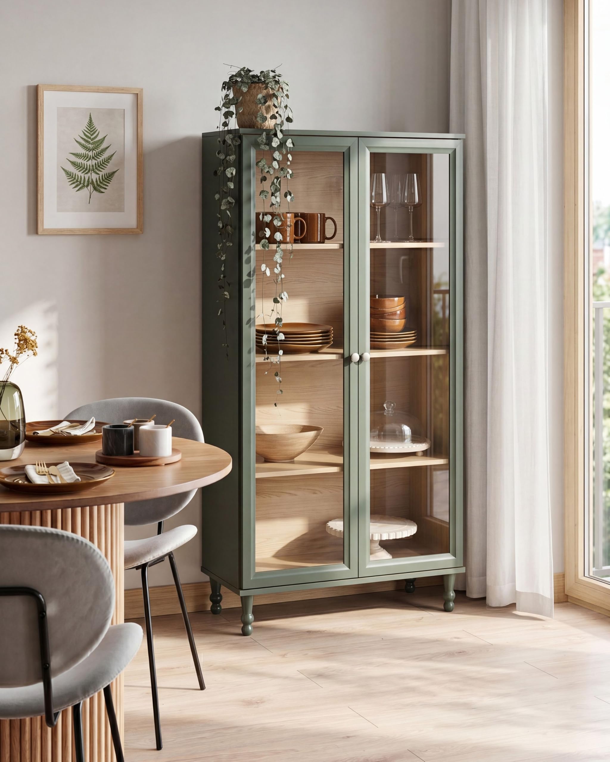 Beliani Armario Decorativo escandinavo clásico aparador Alto con Expositor de Vidrio Verde con Madera Clara Tingledale
