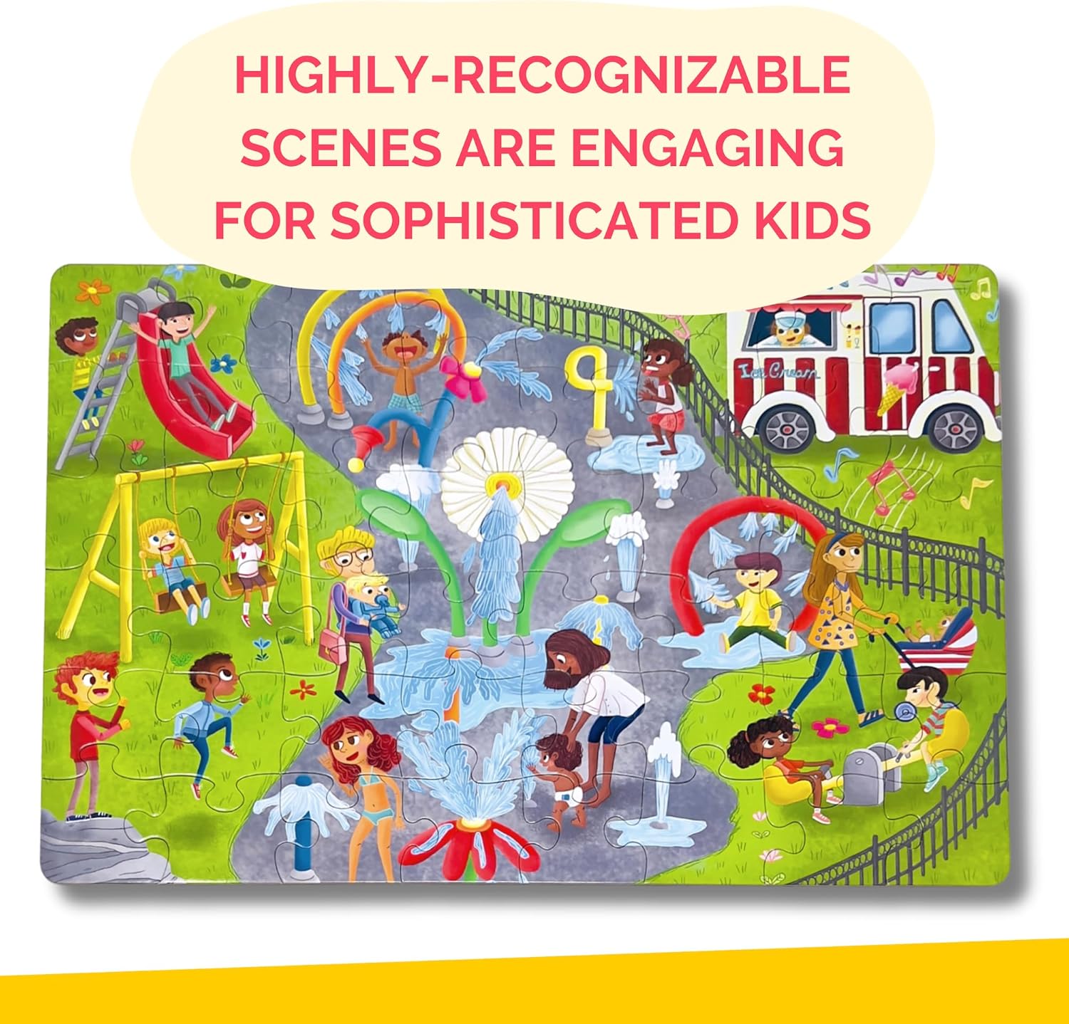Upbounders Little Likes Kids - Splash Park Jumbo Puzzle, 48 Pieces, Beginner Jigsaw Floor Puzzle with Multicultural Family Children Preschoolers at Play, Age 4-8