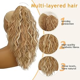 ORSUNCER Ponytail Extension Claw 18 Curly Pony Tail Clip in Claw Hair Extensions Fluffy Natural Looking Synthetic Hairpiece for Women Medium Blonde Highlights