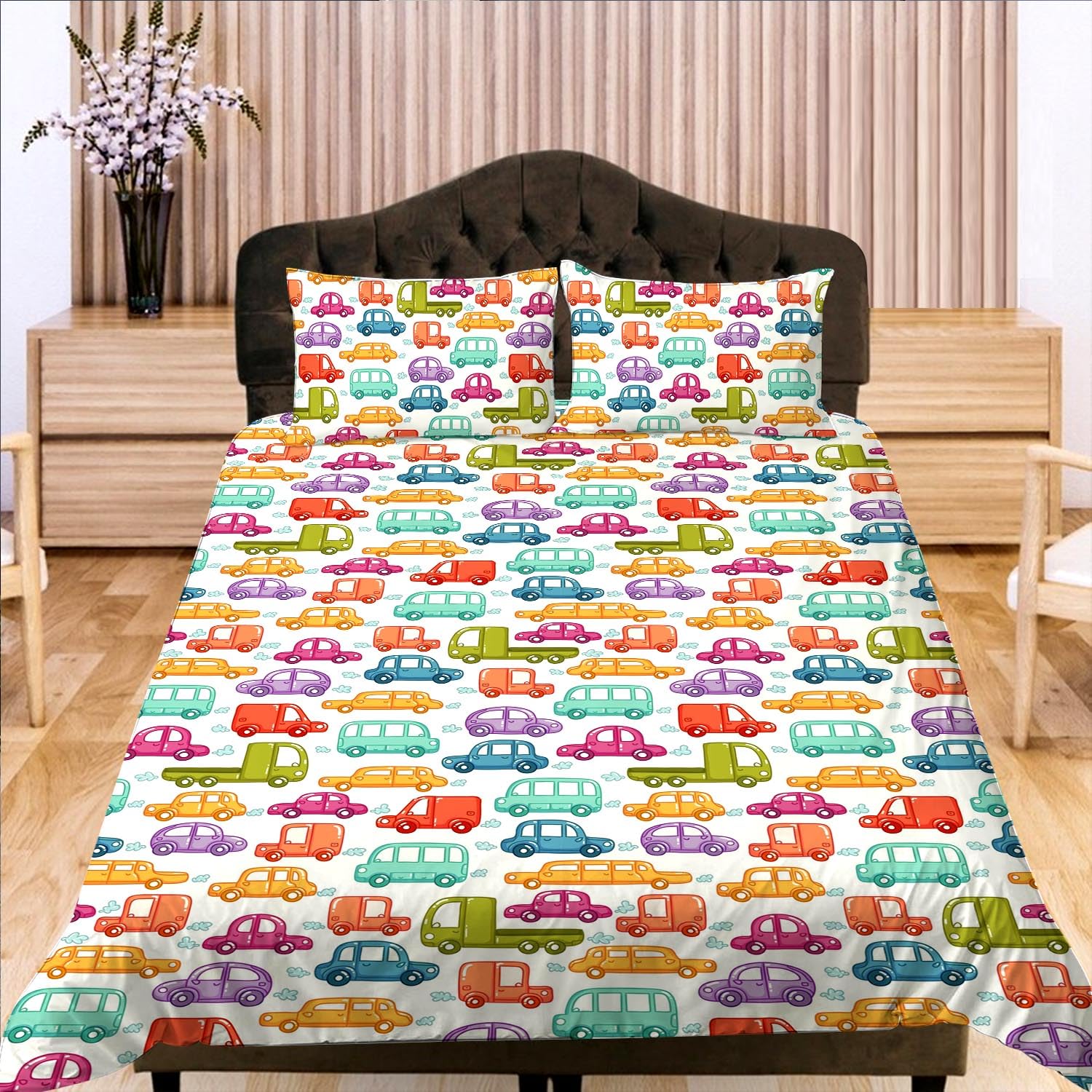 SHROUDEX Children's Bed Linen 135 x 200 cm, Cartoon Toy Car Bed Linen Microfibre Duvet Cover Set, Watercolour Cartoon Bus Children's Duvet Cover for Children Boys Girls (7, Super King 220 x 260 cm)