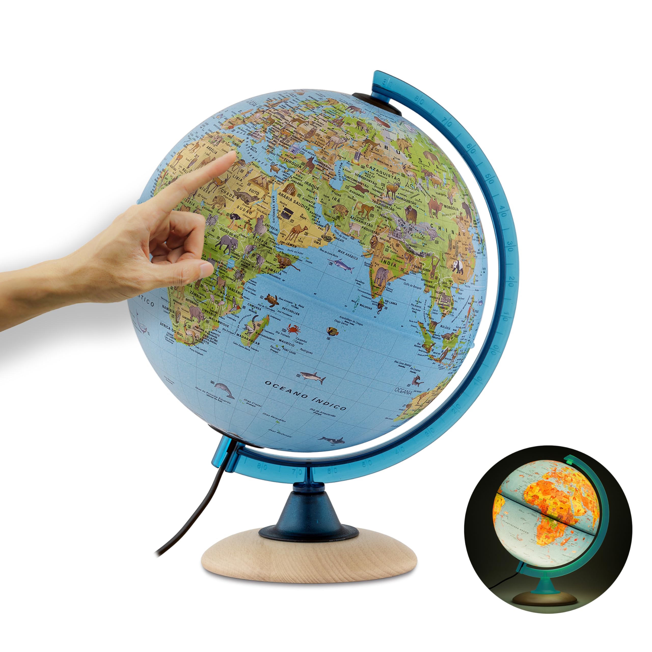 ORBIT Globes & Maps - Globo terráqueo infantil - Globo terráqueo de 25 cm con base de madera, Idioma Español con muchas ilustraciones para niños con luz LED y meridiano azul