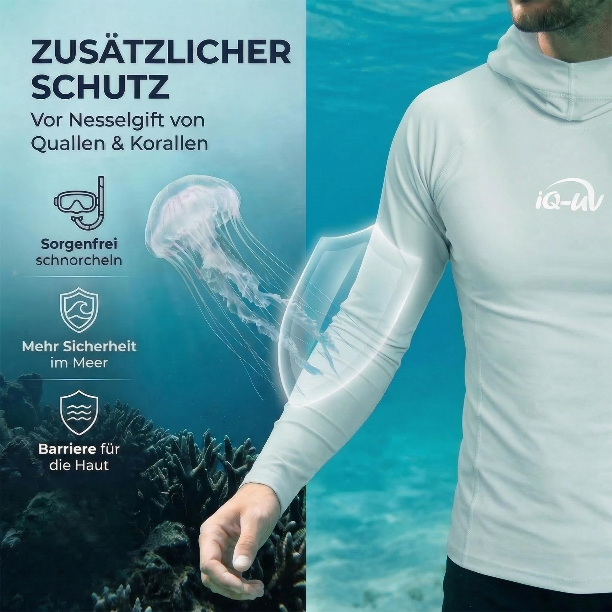iQ-UV Shirt für Herren Kapuzenshirt Langarm – Rashguard für Herren mit UPF 50+ Sonnenschutz für Aktiv- und Wassersport – Schwimmshirt für Männer – Atmungsaktiv und schnelltrocknend