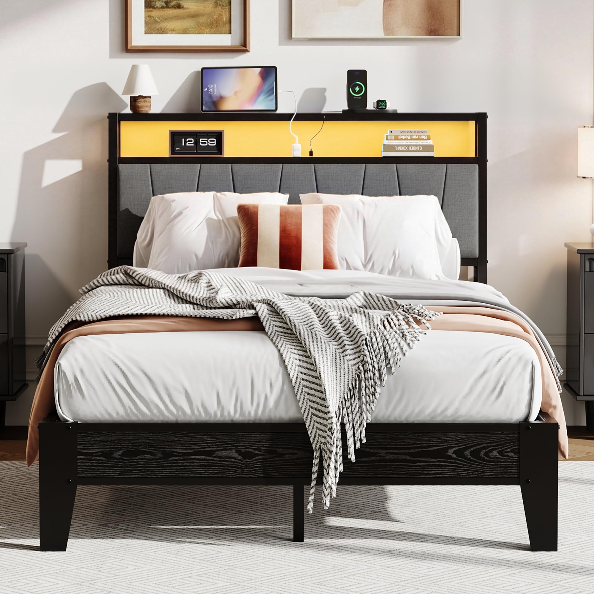 IRONCK Small Double Bed Frame with LED Lights and Charging Station, 2 AC Outlets, 1 USB‑A, 1 USB‑C Port, 120x190cm Stable Metal Bed Frame with Storage Shelf Upholstered Headboard, Easy Assembly, Black