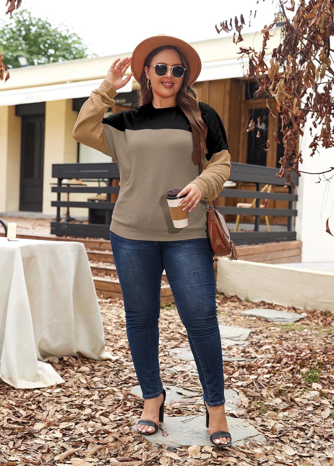 Womens Fashion 2024 Color Block Long Sleeve Crewneck Knitted Casual Loose Pullover Shirts Tops XL-5XL - Image 5