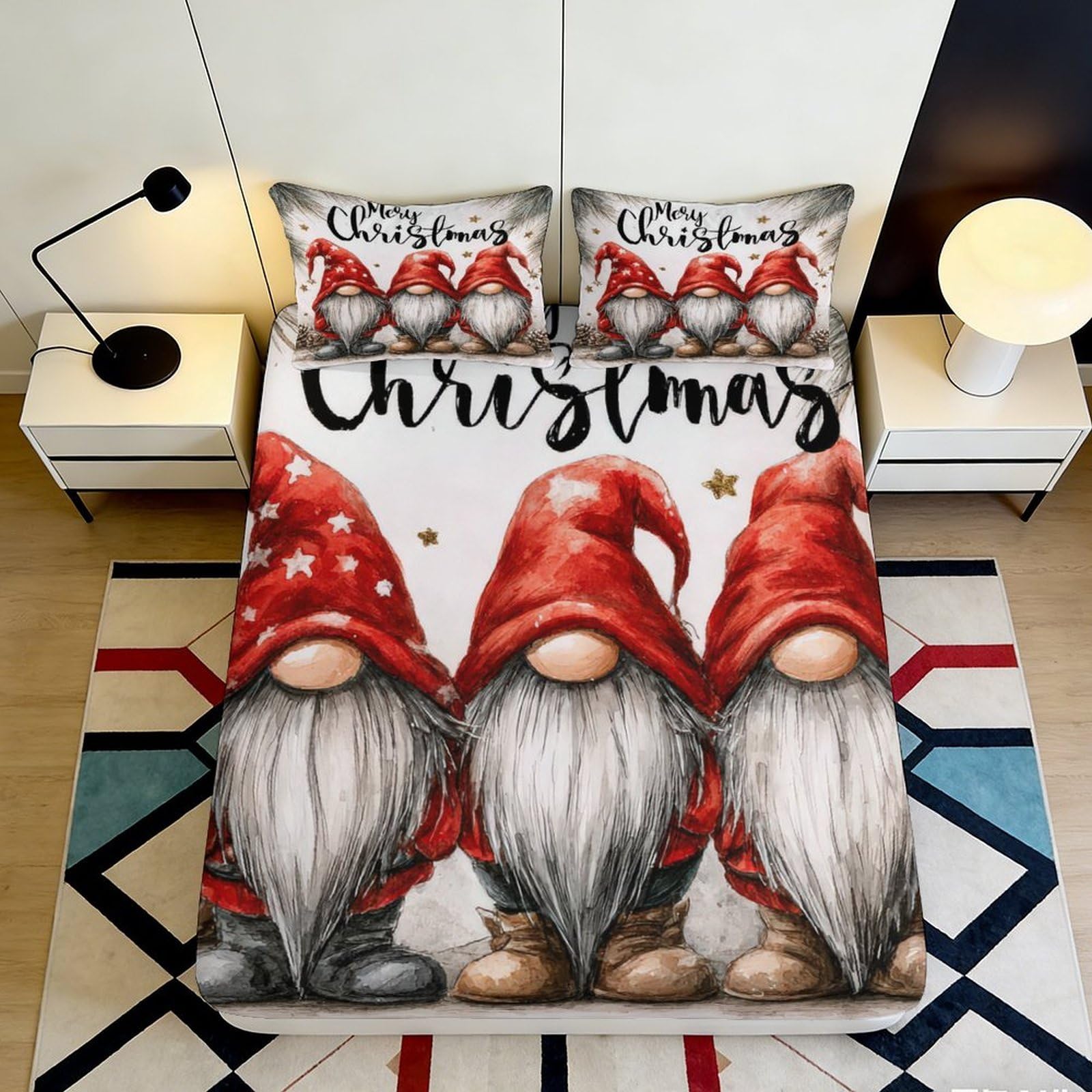 3D Printed Christmas Gnome Fitted Sheet Microfiber Red Nordic Elf Bed Cover Non Slip Washable Mattress Protector 140x200x25cm