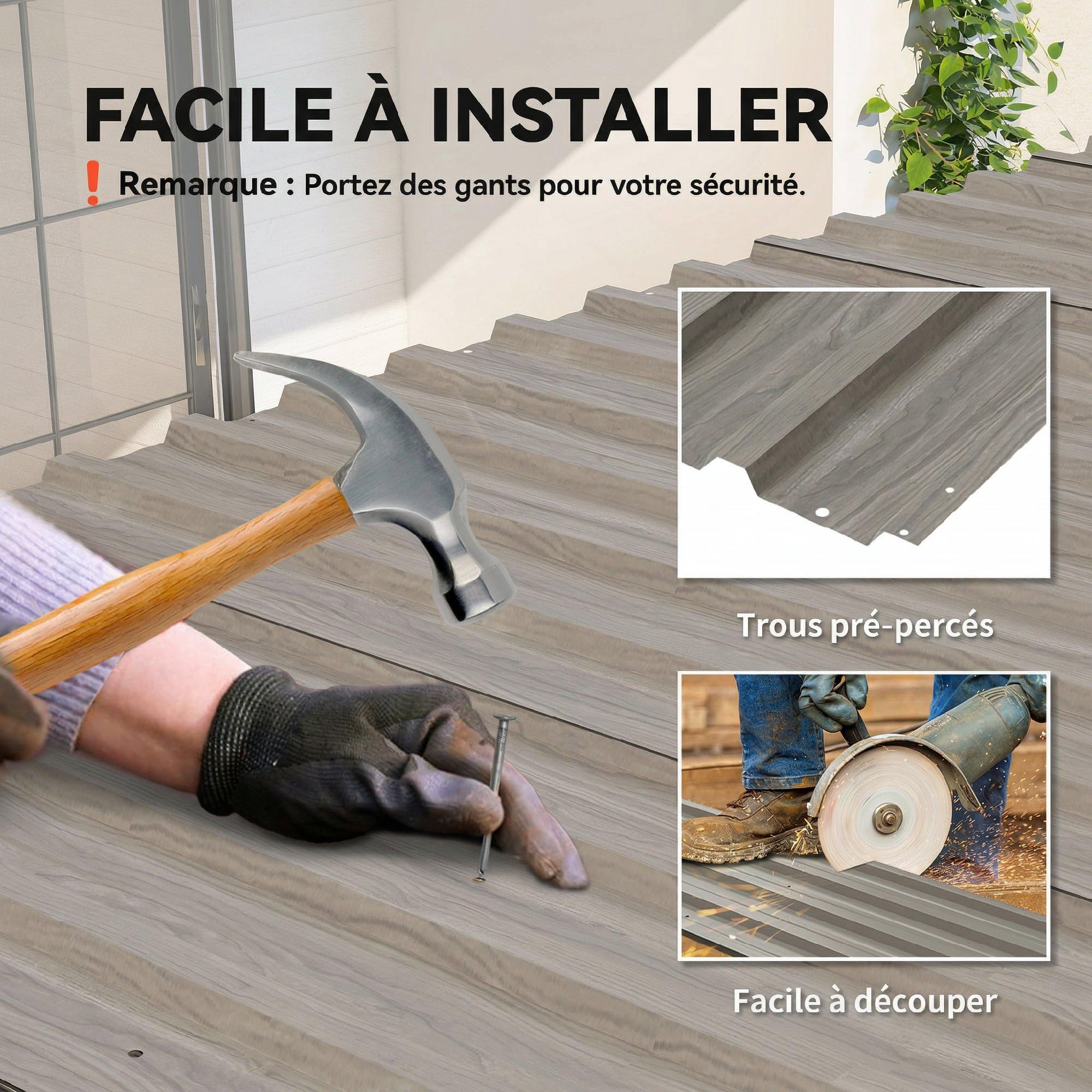 Outsunny Lote de 12 paneles de acero galvanizado resistentes a la intemperie, efecto madera gris claro, dim. de un panel 129L x 45l cm