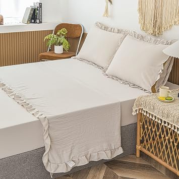 Full Size Beige Sheet Set Deep Pocket Bed Sheets Beige Grey Lace Ruffled Design Shabby Chic Bedding Luxury Fitted Sheet and Pillowcase Set