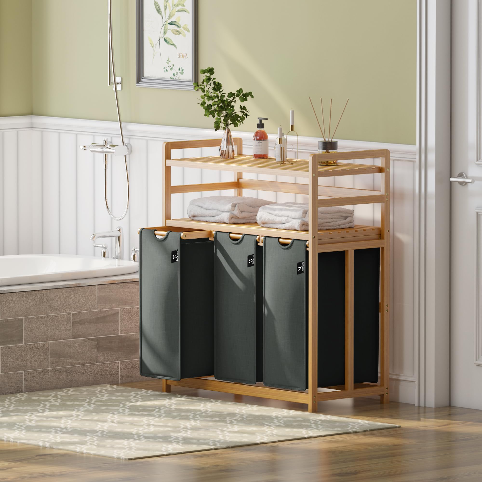 AdelDream Cesta para la Ropa 150L 3 Compartimentos 2 Estantes Bolsa para la Ropa Extensible y Desmontable Cestos para la Ropa con Estructura de Bambú Gran capacidad Gris