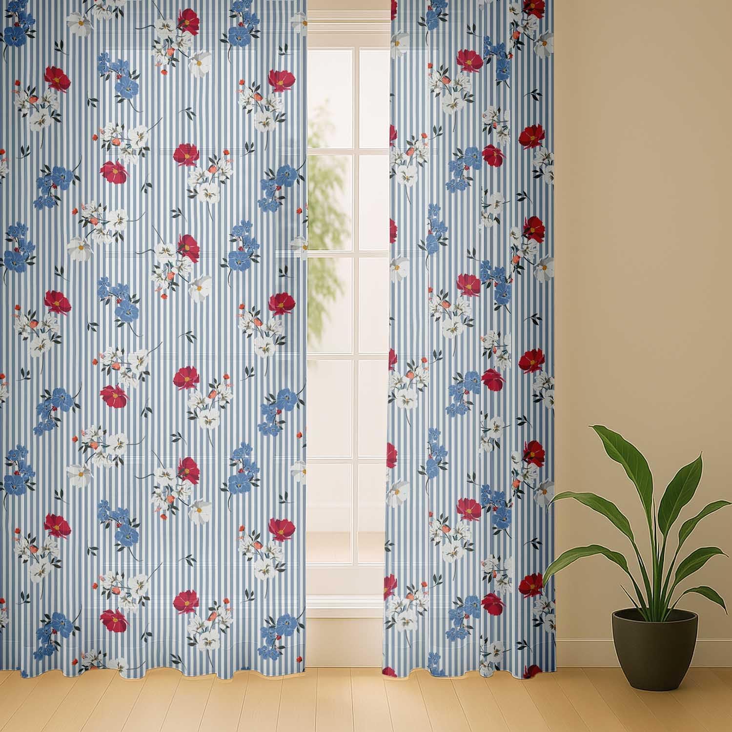 Stripe Print Sheer Curtains for Short Windows – Set of 2 Panels, 63" Length, Grommet Top, Printed Georgette, Light Filtering Drapes for Kitchen or Bedroom
