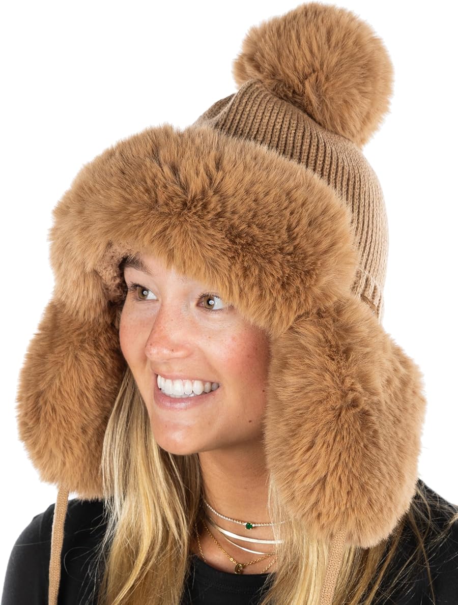 View 7 of Fluffy Knit Trapper Faux Fur Pom Hat