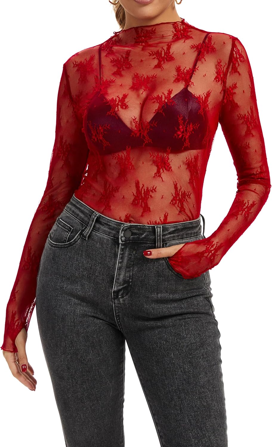 Women's Long Sleeve Lace Tops Mesh Tops Sheer Layering Top Sexy Mock Neck Floral See Through Shirt Blouse - Image 5