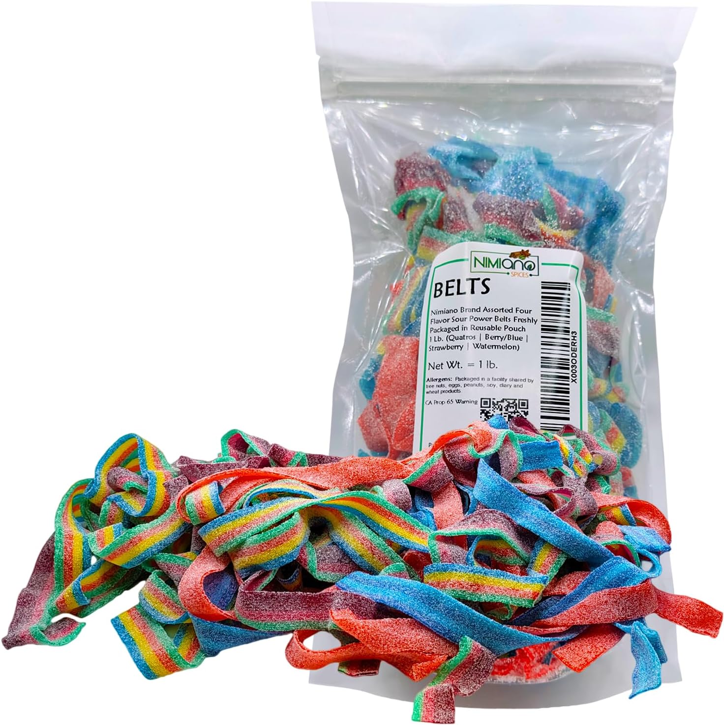 Dorval Assorted Four Flavor Sour Power Belts Gummi Candies | Quatros, Berry/Blue, Strawberry and Watermelon | Vegan, Non-GMO, Gelatin Free | 1 Lb.