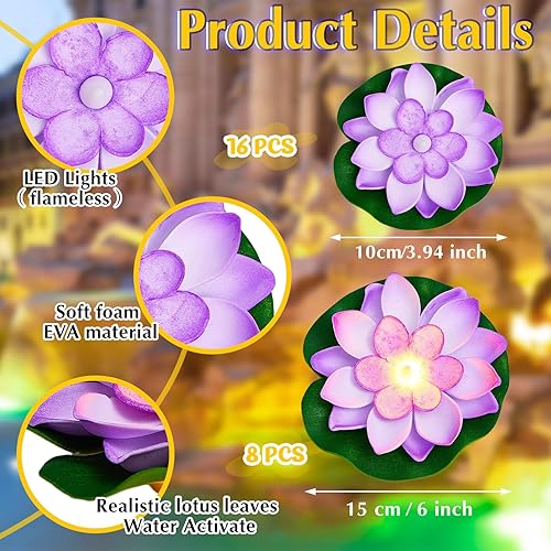 Vista 20 de Liliful Diwali - 24 luces flotantes para decoración de piscina, flores artificiales de loto con LED, almohadillas de lirio, farol de agua para Blanco