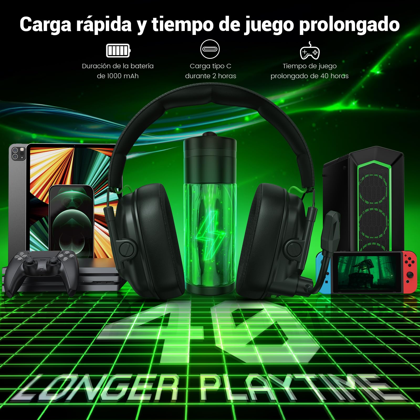 Krysenix KGH2 - Auriculares inalámbricos para videojuegos PS5, PS4, PC, Mac, Switch, 2,4 GHz, con micrófono, cancelación de ruido, auriculares inalámbricos con luces LED, duración de batería de 40 H