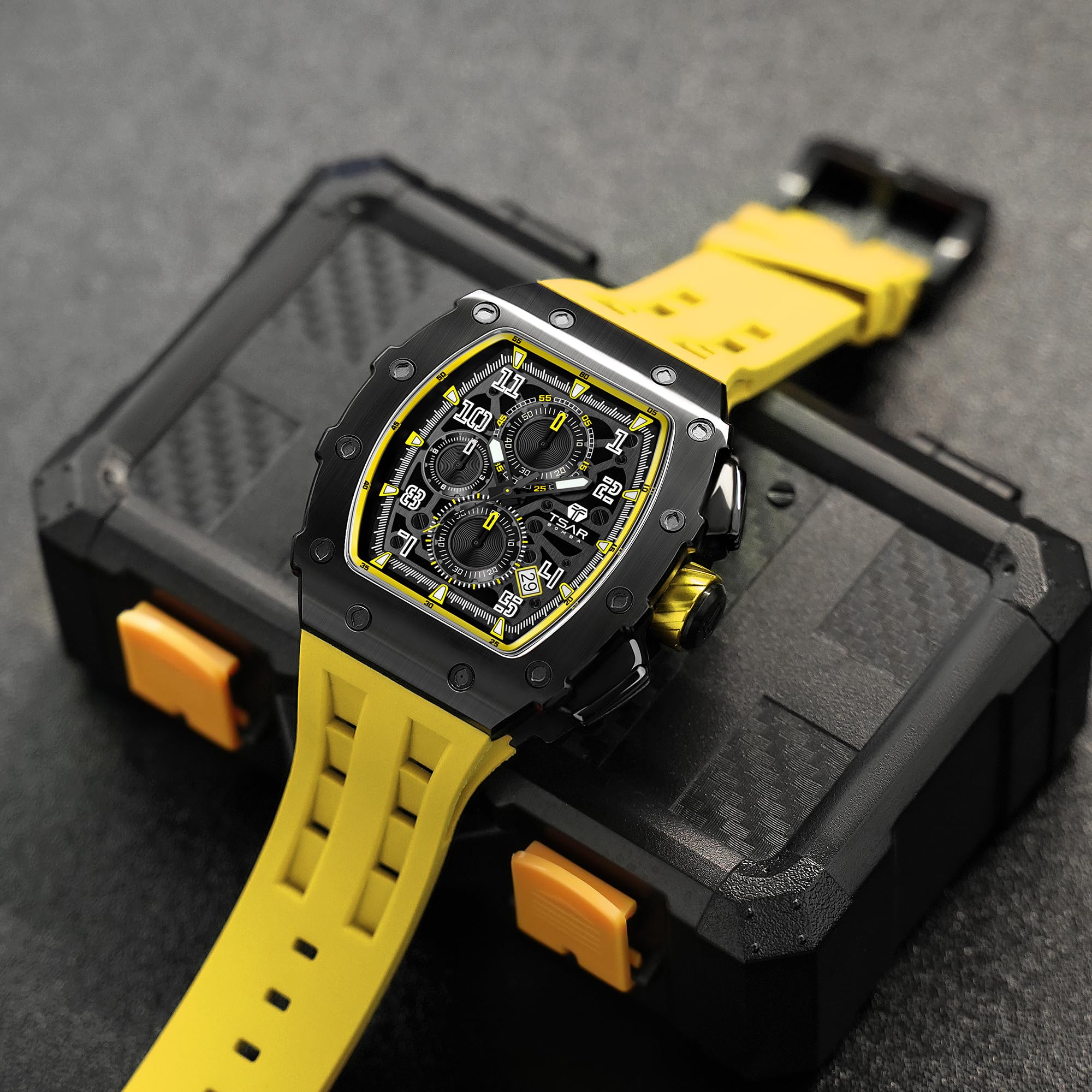TSAR BOMBA Orologio Uomo Tonneau Design Impermeabile 50M con Cinturino in 316 Acciaio Lunetta Regalo Uomo Militare Cronografo Orologio da Design Elegante