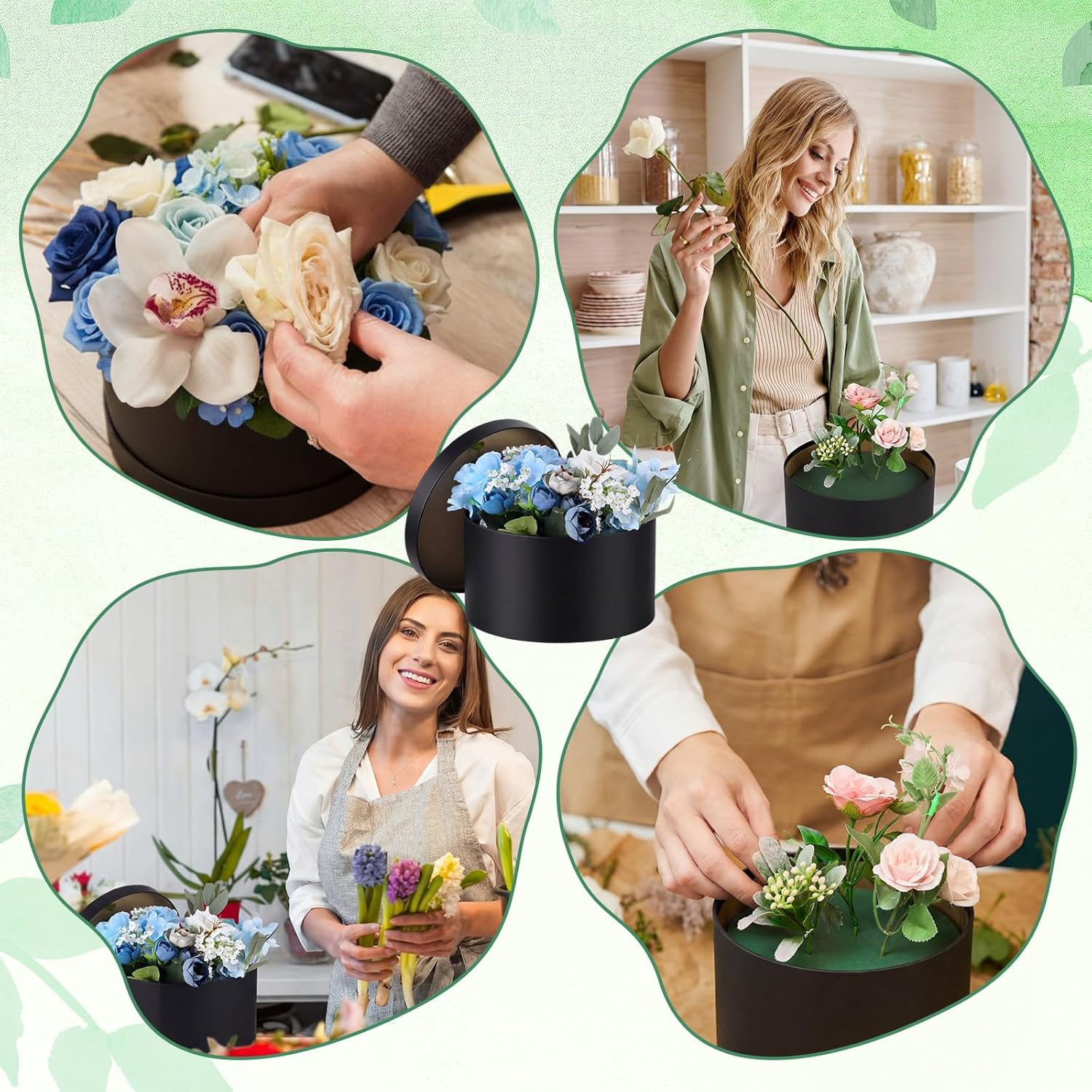 Acellegic 4 Pack Black Round Gift Boxes with Lids Floral Foam Round Flower Box for Arrangements Mother's Day Gifts Bridesmaid Proposal Wedding Party Favor