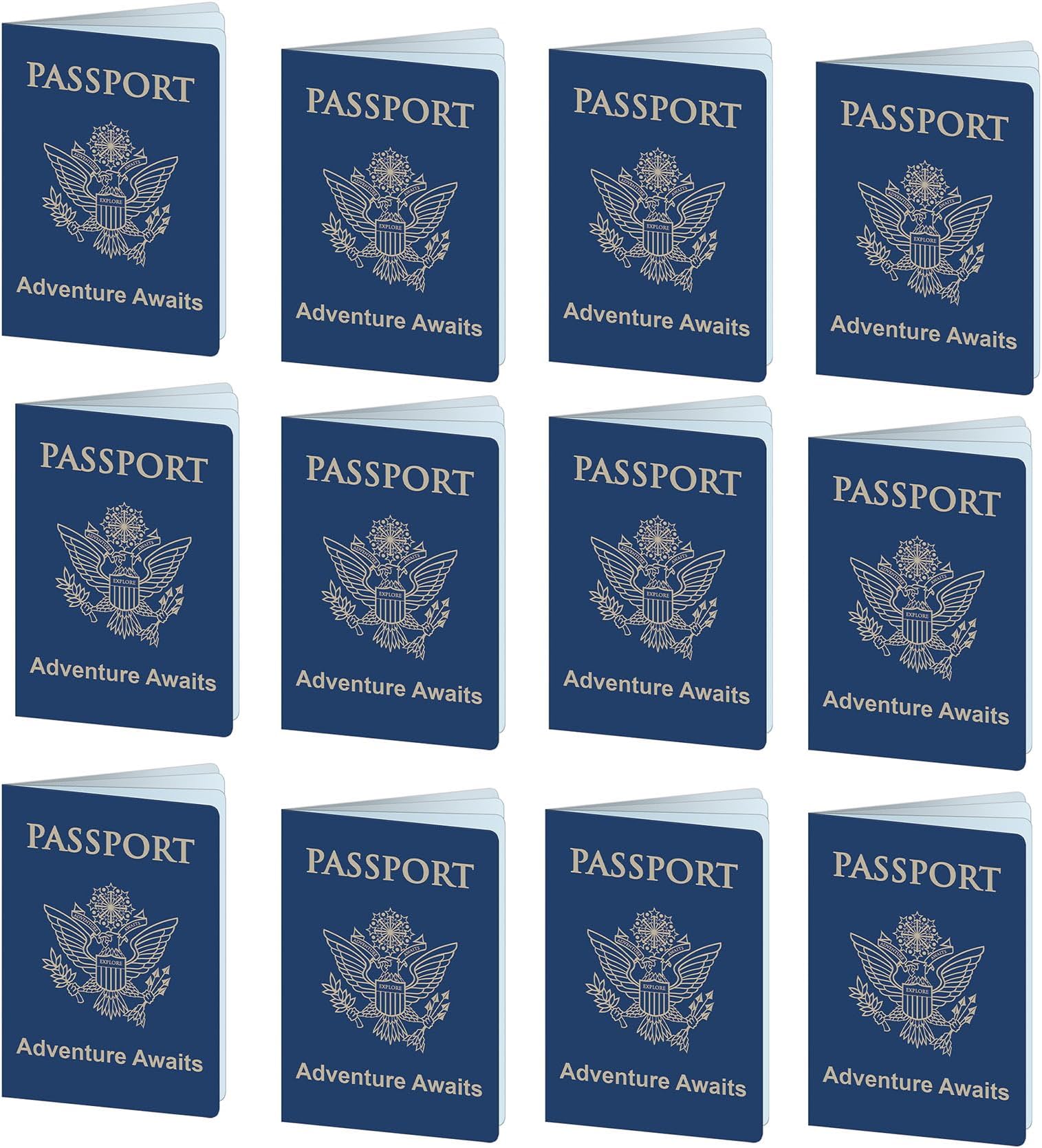 12 Piece Fake Passports for Around The World Travel Theme Party Supplies and Favors, Made in USA Since 1900, 5" x 3.5", Blue/Gold/White
