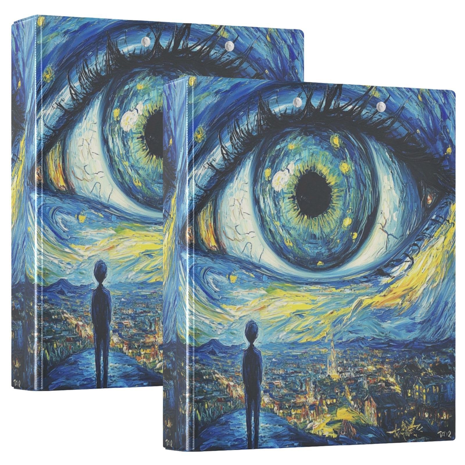 Confezione da 2 raccoglitori ad anelli con 3 anelli, motivo notte stellata, blu, con tasche, grandi, per scuola, università, ufficio