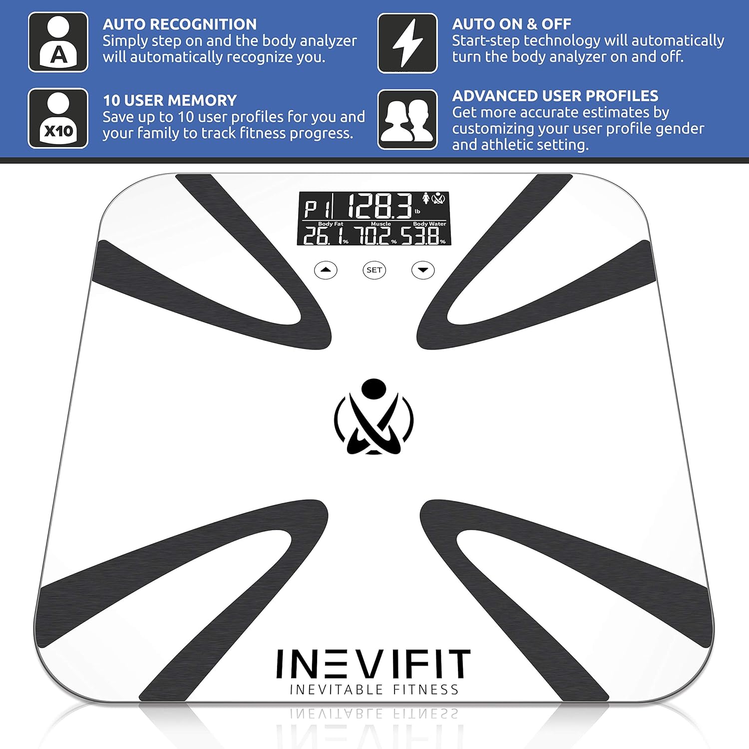 INEVIFIT Body Fat Scale, Highly Accurate Digital Bathroom Body Composition Analyzer, Measures Weight, Body Fat, Water, Muscle, BMI, Visceral Levels & Bone Mass for 10 Users. Includes Batteries : Health & Household