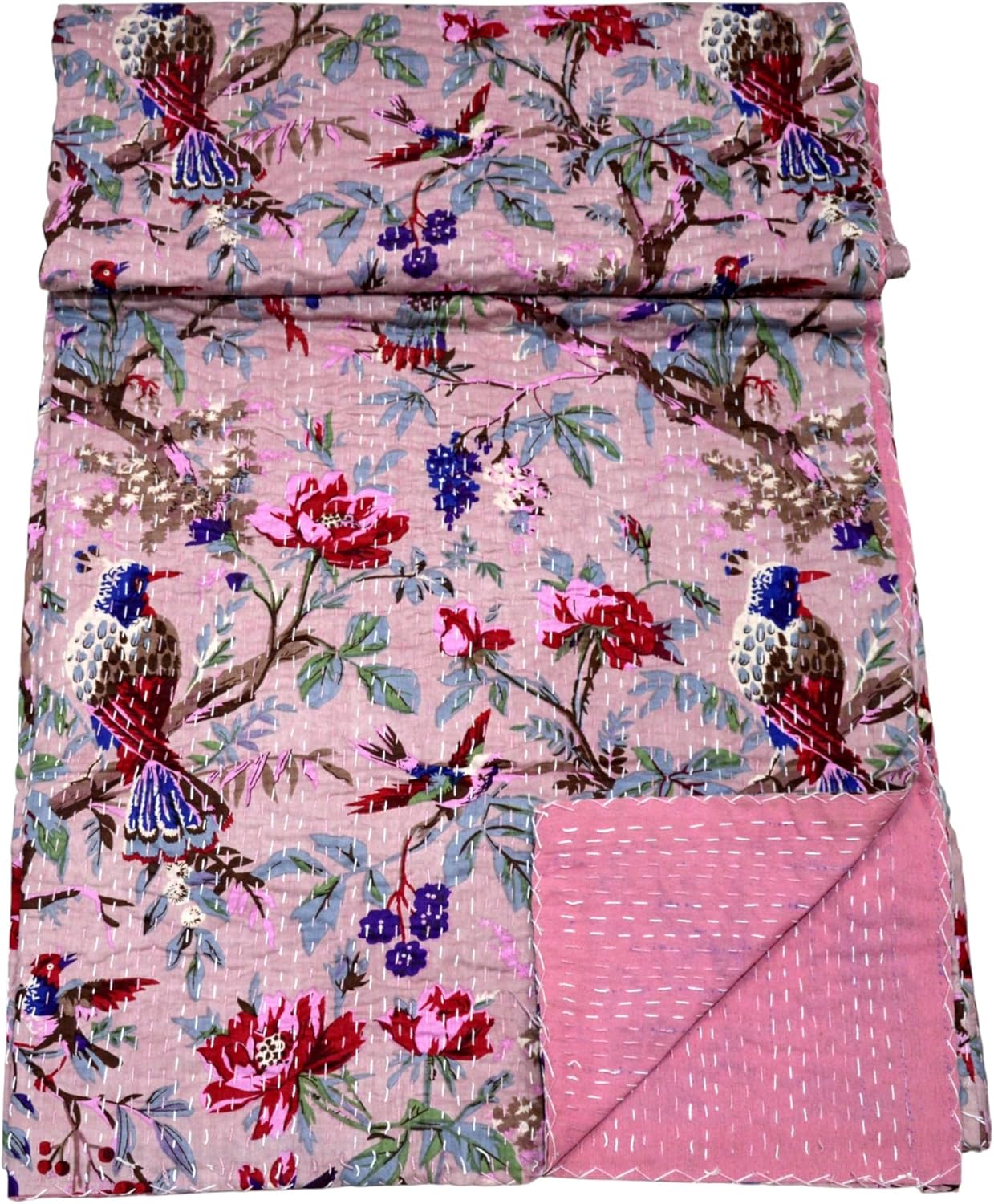 Cotton Indian Kantha Quilts Handmade Quilt Designer Quilt Sets Reversible Bedding Coverlet Sets Luxury Vintage Birds Floral Bedspread