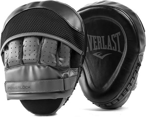 Everlast Powerlock R Boxing Mitts (Black) with Padded Fingers, Curved Shape, Grip Ball and Adjustable Strap, MMA and Kickboxing Protection - Authentic Everlast
