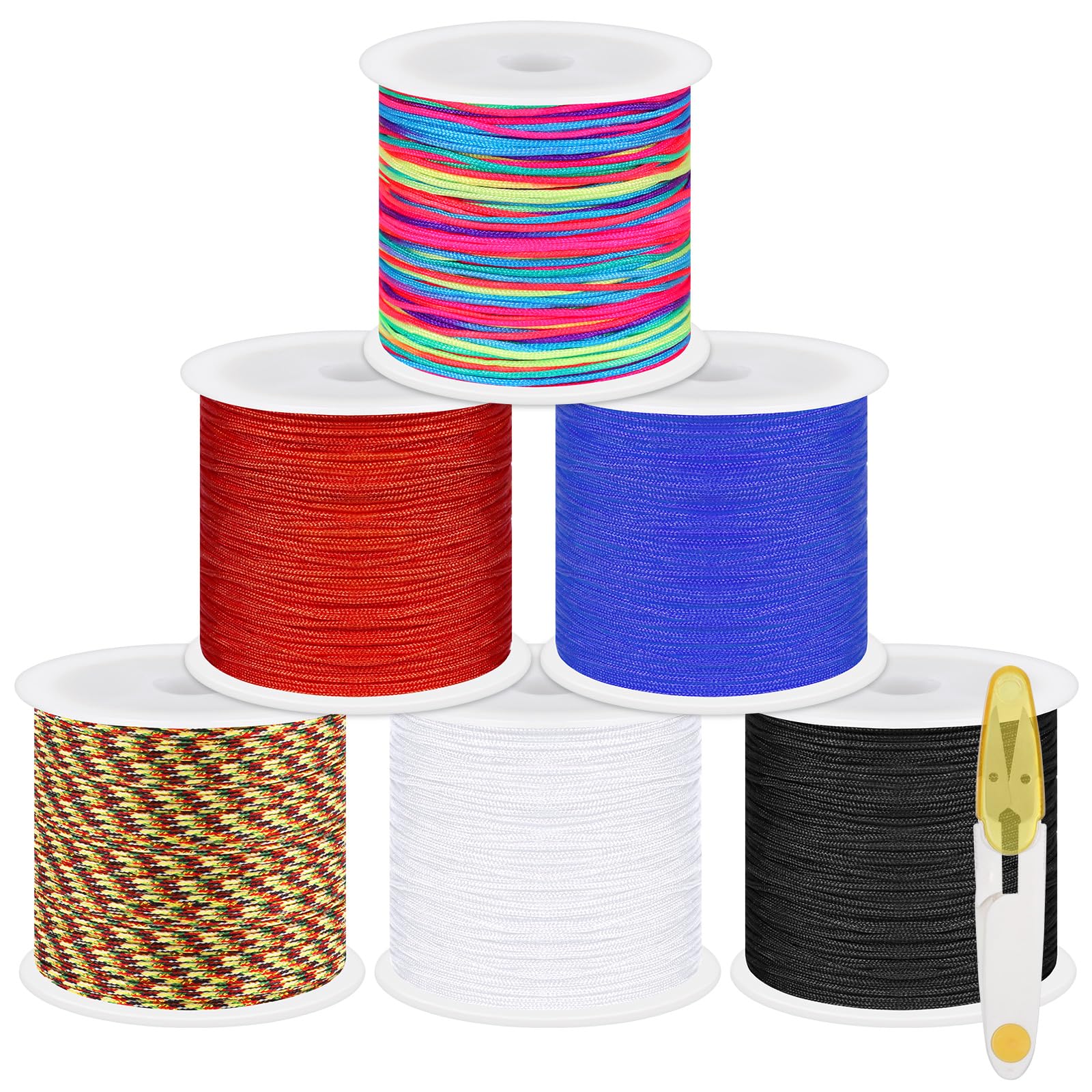 Swpeet 7Pcs Multicolor 0.8mm 55Yards Nylon String Kit with Scissors, Nylon Beading Thread Chinese Knotting Nylon Cord for Braided Bracelets, Beading, Necklaces, Wind Chime, Jewelry Making