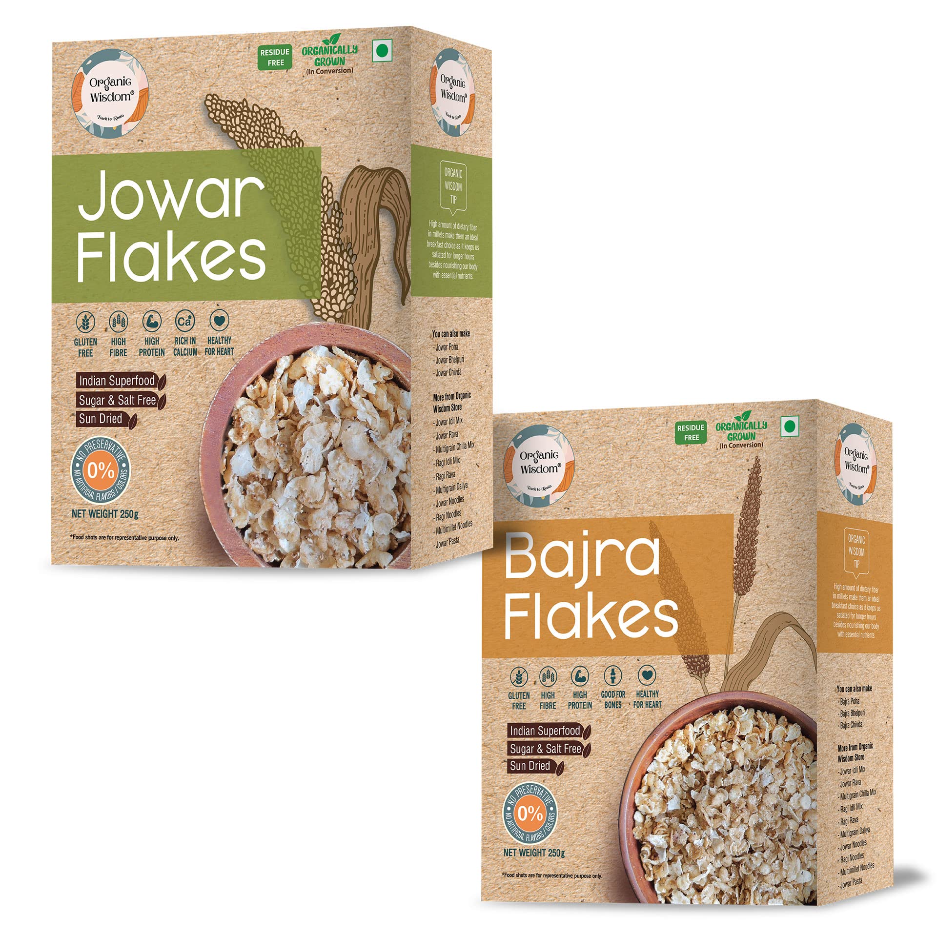 Jowar & Bajra Flakes | Gluten Free| Rich In Protein & Fiber | Helps Weight Loss | 100% Natural|Combo Pack (250 Gm Each) - Bajra & Jowar