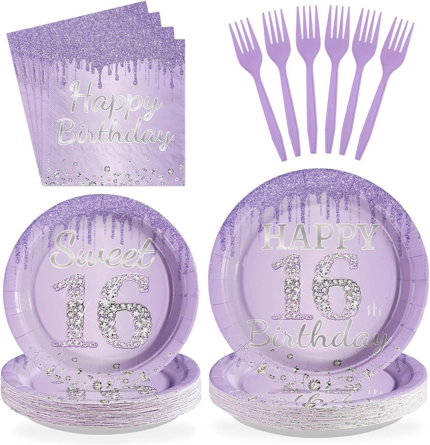 96 Pcs Sweet 16 Birthday Party Supplies Purple 16th Happy Birthday Party Plates and Napkins Disposable Purple Silver Tableware Set for Girls Sixteen Years Old Decorations Serves 24