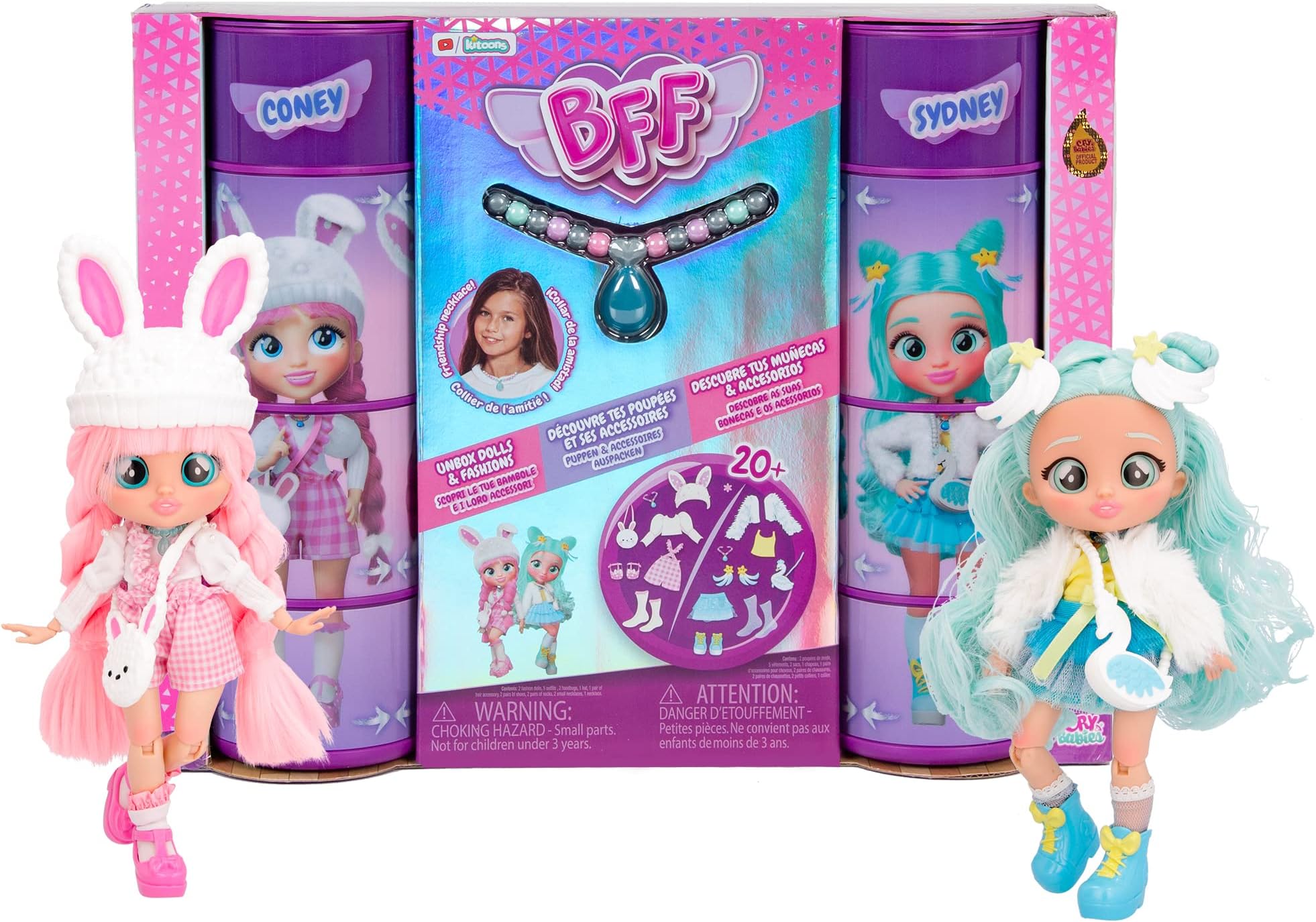 BFF By Cry Babies Coney & Sydney, Twin Pack Collectible Fashion Dolls with Long Hair, fabric Clothes and 15 Accessories - Toy gift for kids +5 Years