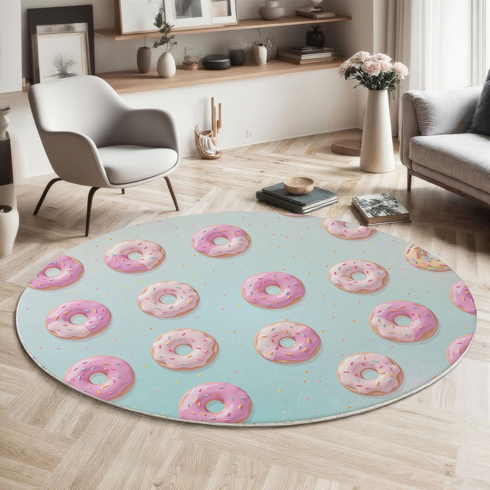Niedlich Zuckerstreusel Donuts Teppich Flur Rund 160 cm, Hellblau Lustiges Poster Teppich Rund, Waschbar Runde Teppiche Wohnzimmer Teppiche Für Schlafzimmer Kinderzimmer, rutschfest Kurzflor