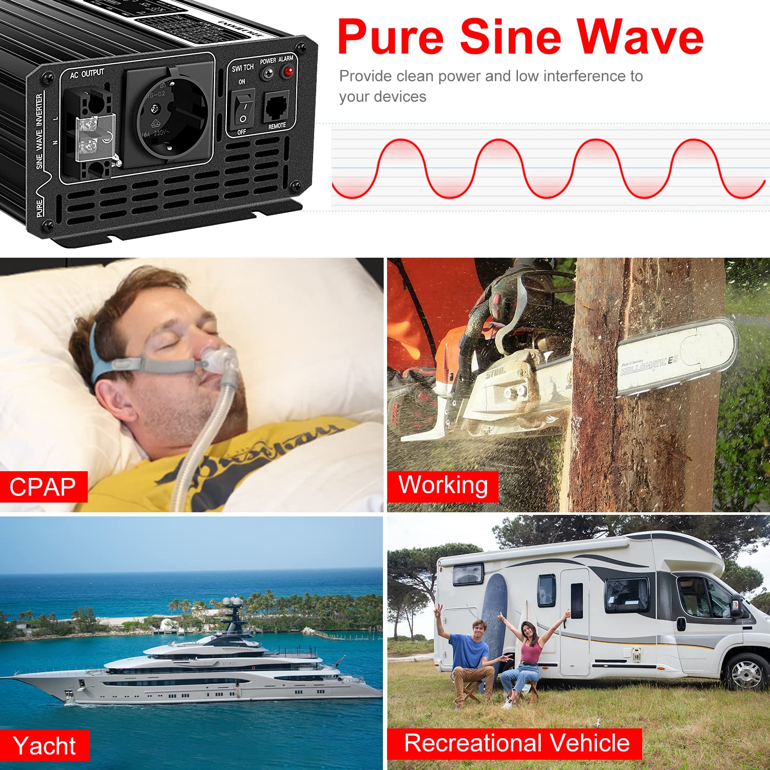Xijia Inverter da 1500 W, 24V, onda sinusoidale pura a AC 230V, 50Hz, display LCD, convertitore di energia solare per auto di casa (DC 24V (gamma 20V-30V) 1500W)