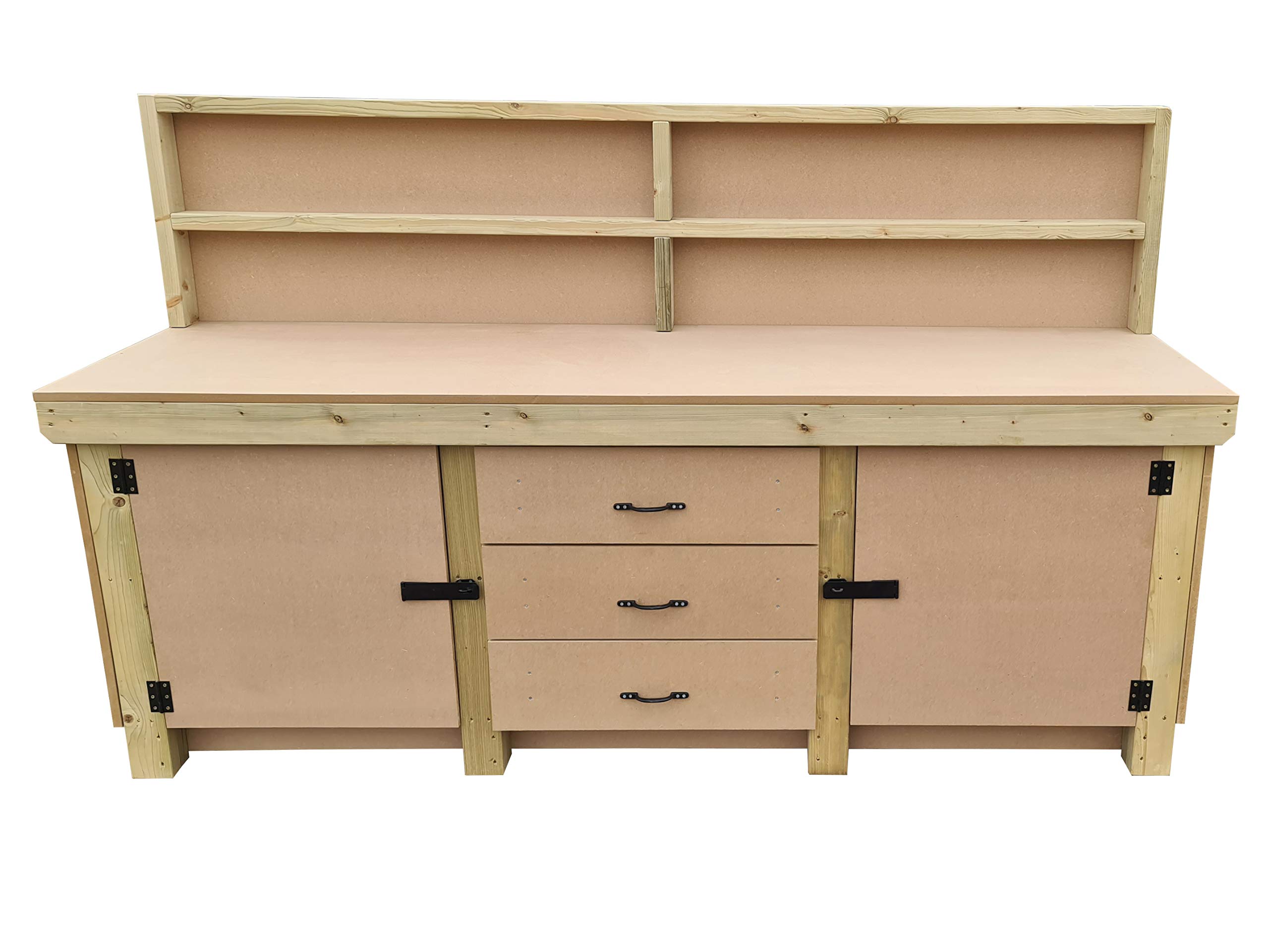 Arbor Garden Solutions Wooden workbench with drawers and double lockable cupboard and back panel - MDF 18mm surface (V.8) (8ft)