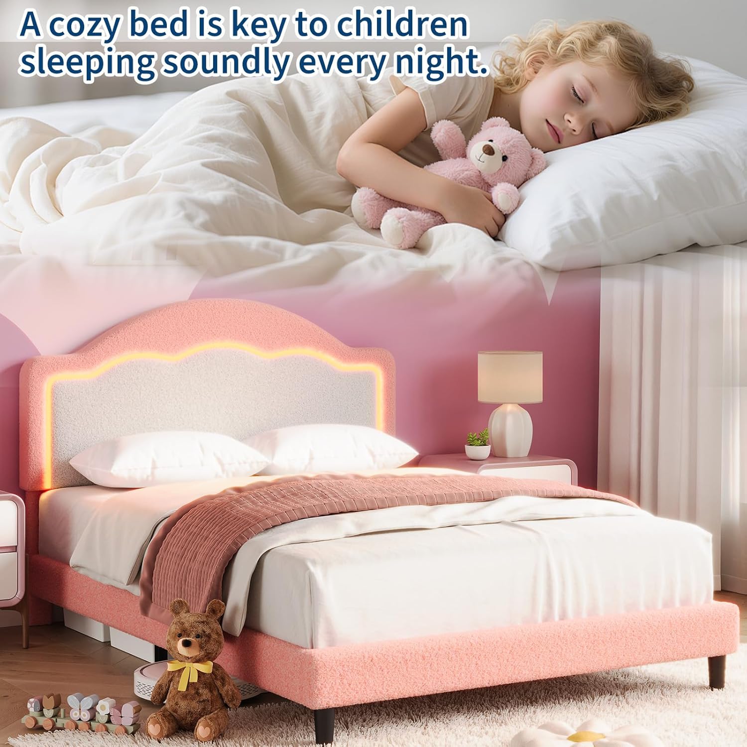 GarveeHome Twin Size Bed Frame with LED Headboard for Kids, Sherpa Upholstered Platform Bed Frame with Wood Slat Support, No Box Spring Required, Easy to Assemble (Pink, Twin)
