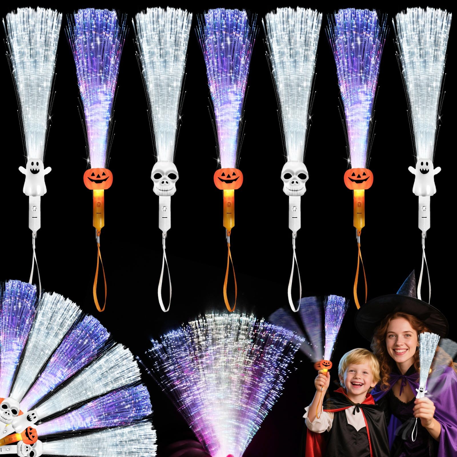 6 Pack Halloween Fiber Optic Wand, Glow in The Dark Sticks LED Light up Wand Bulk with 3 Design Pumpkin Skull Ghost Glow Toys for Kids Adults Halloween Party Decorations Favors Supplies Gifts