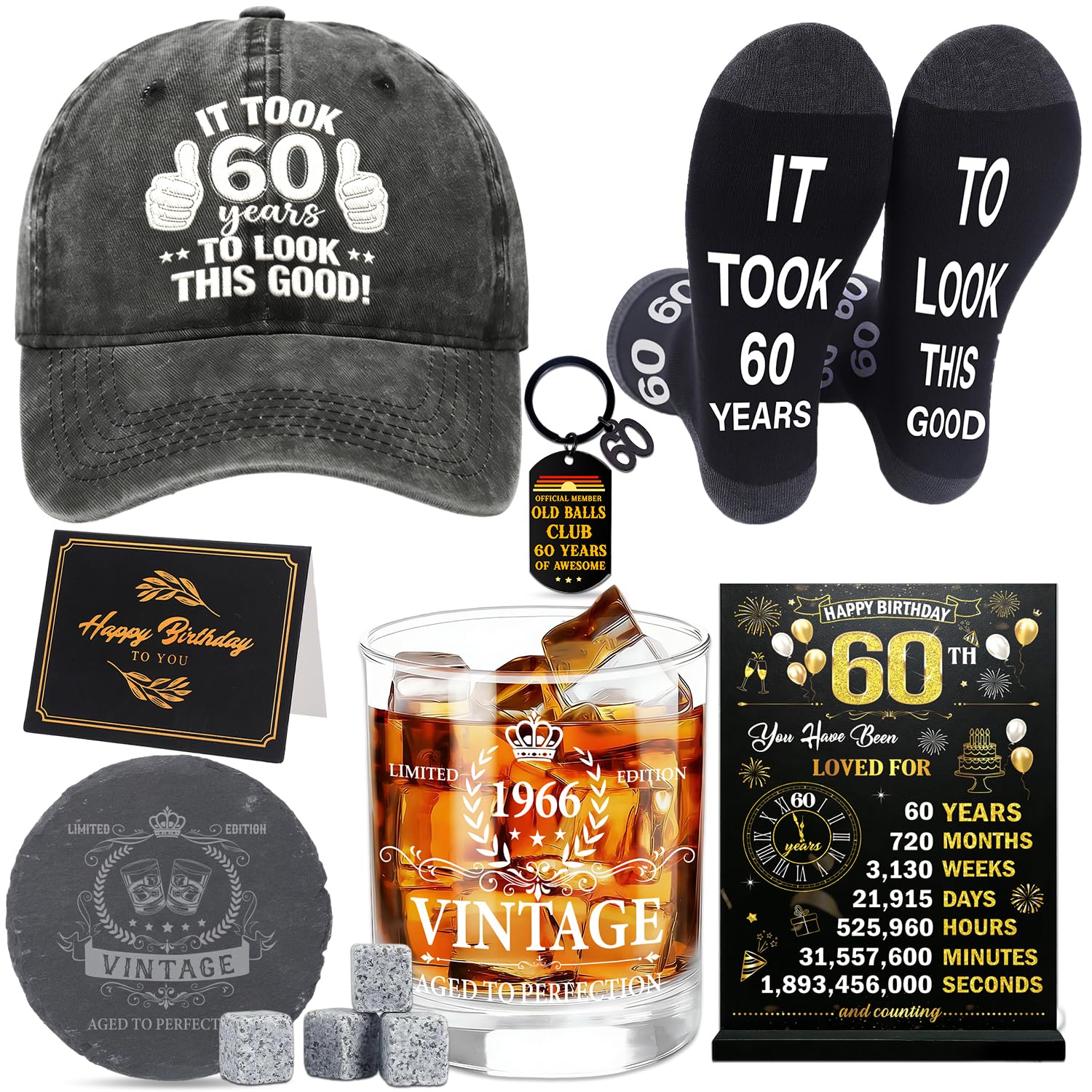 JoyAura 60th Birthday Gifts for Men - Gift Set for 60 Year Old Man's Unique Vintage with 1966 Beer Glass 4 ice Stones Keychain Personalised Hat Interesting Socks for Dad Grandfather Elder