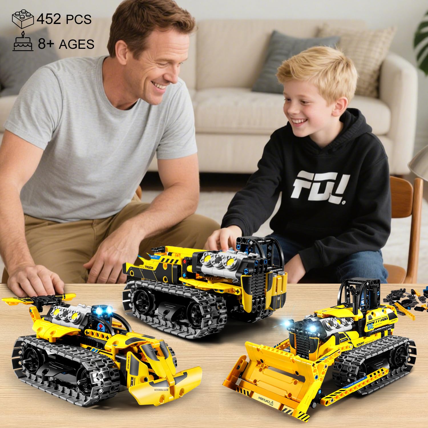 PLAXSOON Technik Ferngesteuertes Baufahrzeug Bauspielzeug für Jungen ab 8+ | 3-in-1 RC STEM Bulldozer Kipplaster Klemmbausteine mit Wiederaufladbare Akku, Weihnachten Geschenk für Kinder(452 Stück)
