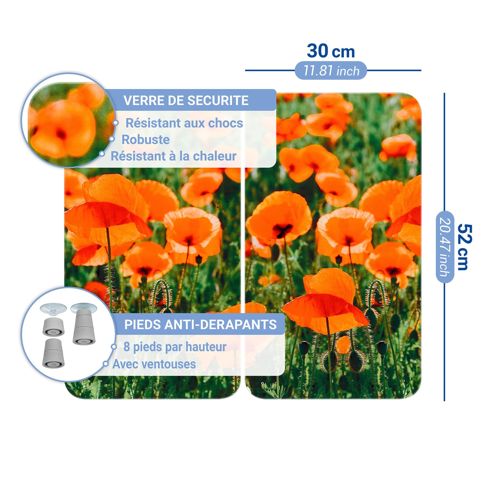 WENKO Plaque de Recouvrement Universelle Mod. Champs de Coquelicots, réglable en hauteur pour tout type de cuisinière, planche à découper et protection anti-éclaboussures, verre, 30 x 52 cm, 2 pièces