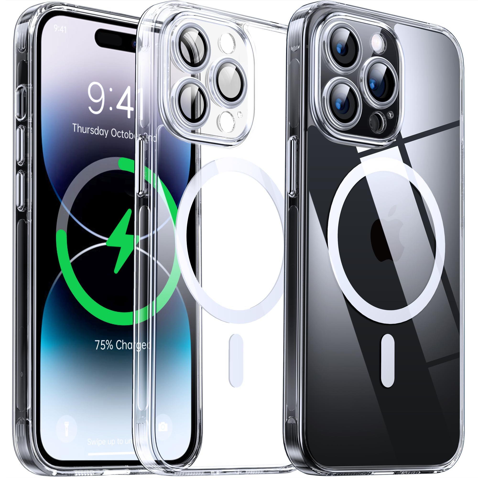 Flyzoo Clear Magnetic Case for iPhone 14 Pro Max (6.7'') Compatible with MagSafe & Camera Protector, [Non-Yellowing] [Shockproof & Antiscratch Protection] Hard Transparent Cover with Silicone, Clear