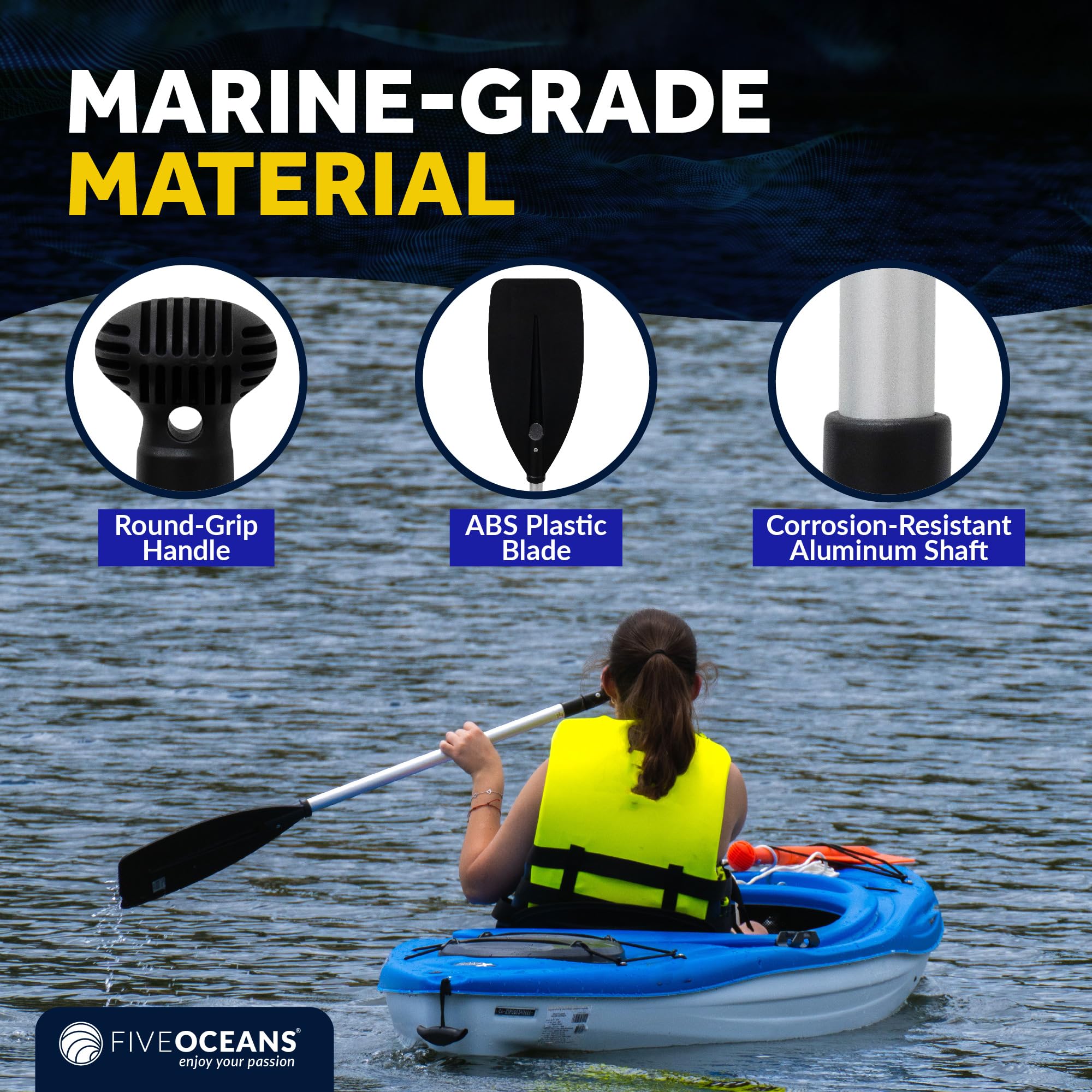 Five Oceans Canoe Paddle - Boat Paddle Collapsible Paddle, Canoe Oars Extends from 3.25 Ft. (39-inch) to 5 Ft. 60-inch - Aluminum Shaft, Round Grip - FO4720