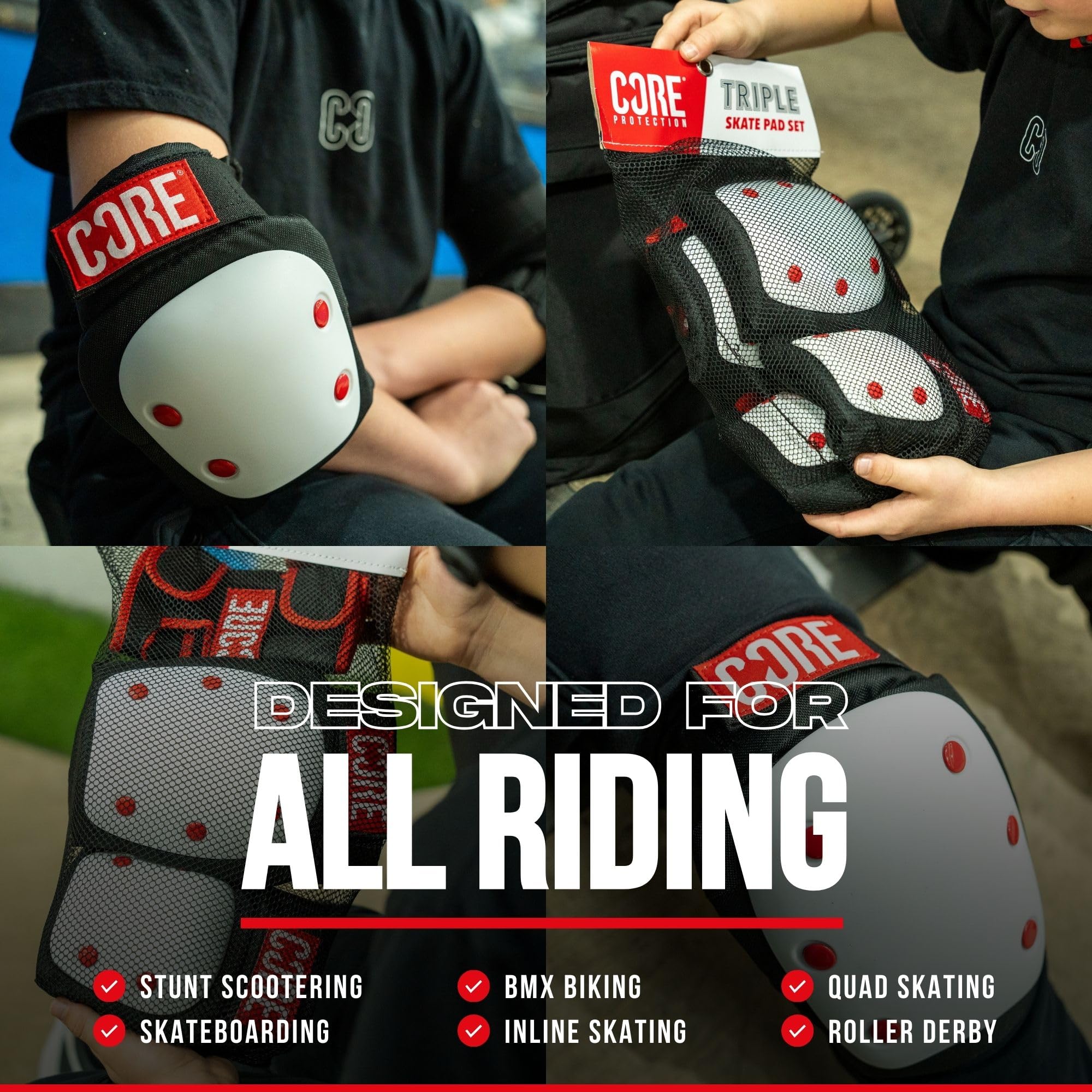 CORE Lot de 3 coussinets de protection 3 en 1 pour enfants/adultes, genoux, coudes et poignets pour le skateboard, le patin à roulettes, la trottinette acrobatique et le cyclisme de tous âges – Blanc