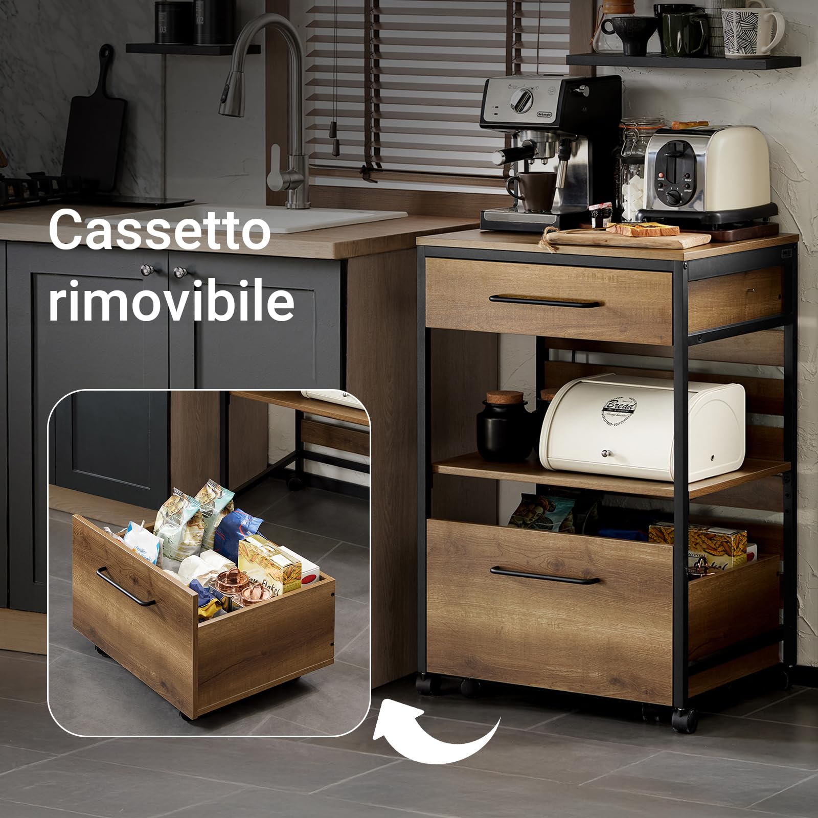 SoBuy Carrello da cucina con cassa contenitore rimovibile, carrello su ruote/serving cart/bar cart stile vintage, LxAxP ca. 60×90×45 cm FKW118-PF