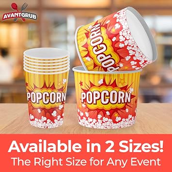 Leakproof, Super Durable 32oz Popcorn Cups 5 Pack. Grease-Proof Disposable Pop Corn Tubs With Cool Design Are the Ultimate Movie Theater Accessory. Large Containers Great for Any Party or Event