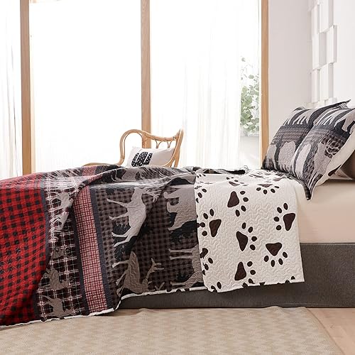 Miniatura 3 de Juego de edredón rústico tamaño King de 3 piezas, edredón ligero del oeste con 2 fundas de almohada, colcha temática de oso de retazos para todas
