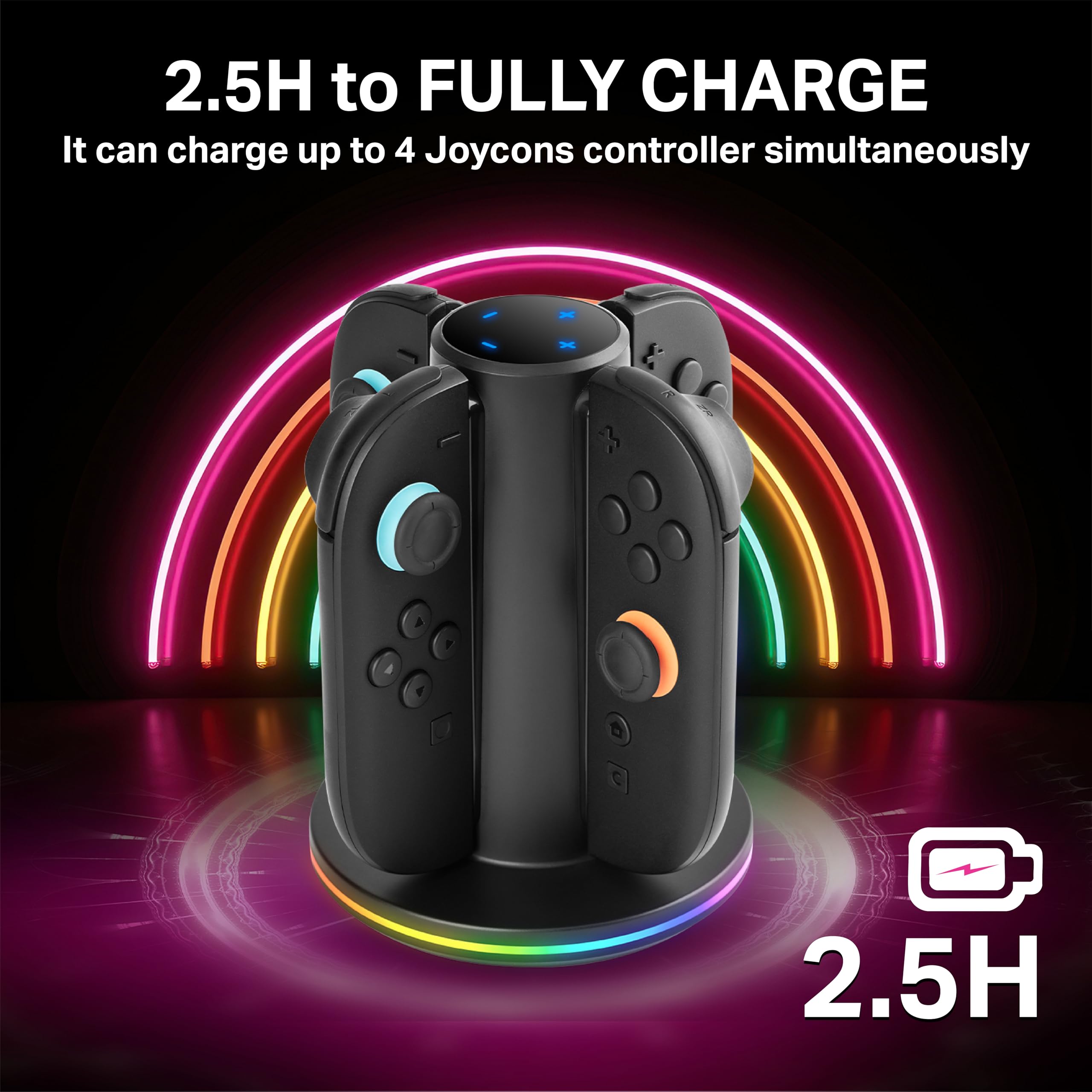NITHO Stacja ładująca 4 w 1 do kontrolerów Switch 2, stacja ładująca z diodami LED RGB, stacja ładująca USB-C do 4 kontrolerów, akcesorium gamingowe do Switch 2