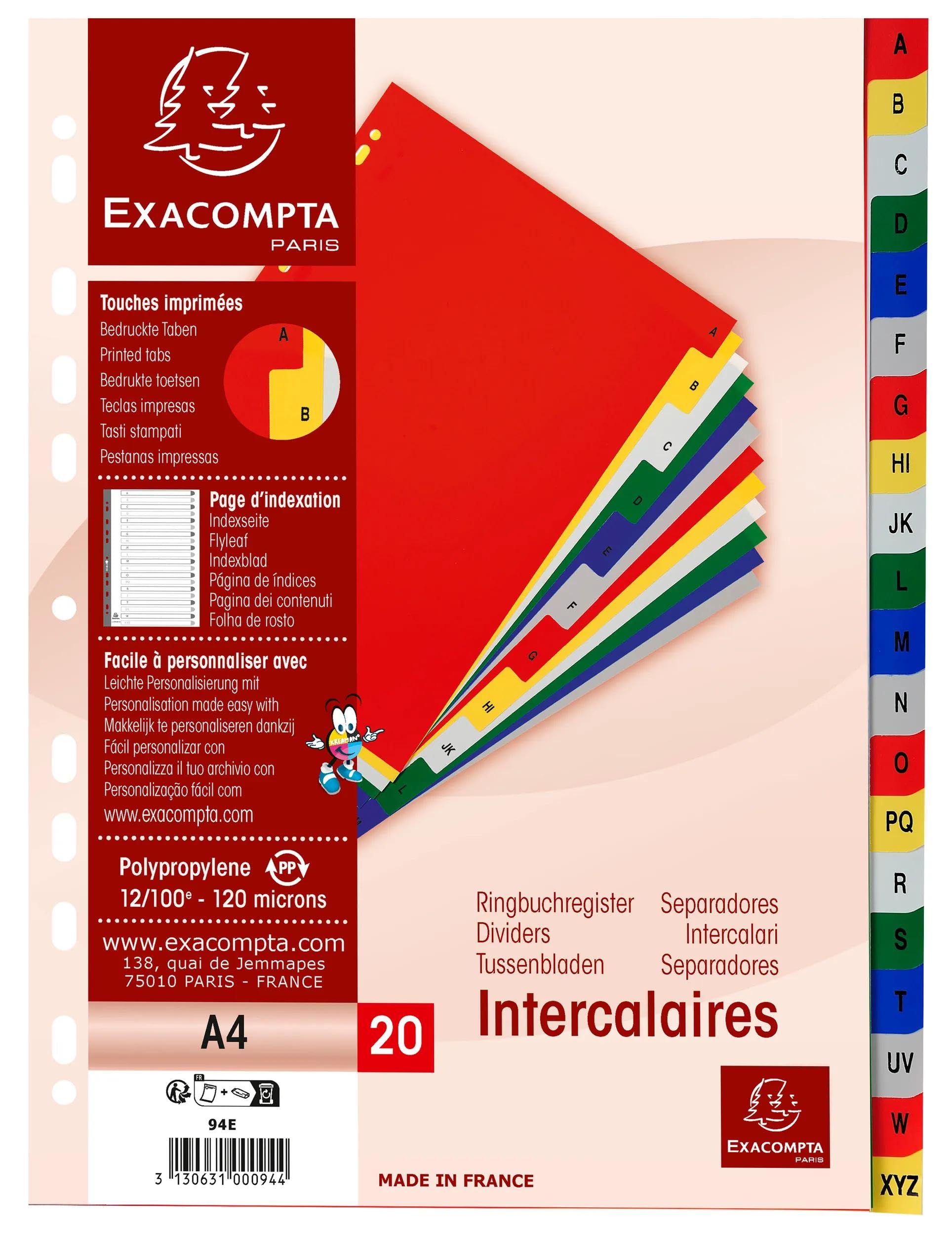 Exacompta - Art.-Nr. 94E – Karton mit 20 Registern aus Polypropylen mit 20 alphabetischen Registern von A bis Z in Farbe – Indexierungsseite – Format A4 – 22,5 x 29,7 cm