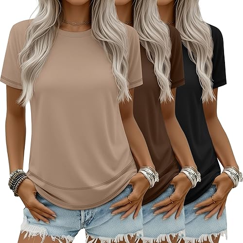 Ficerd 3 Pack Women's Short Sleeve T-Shirts, Loose Fit Crew