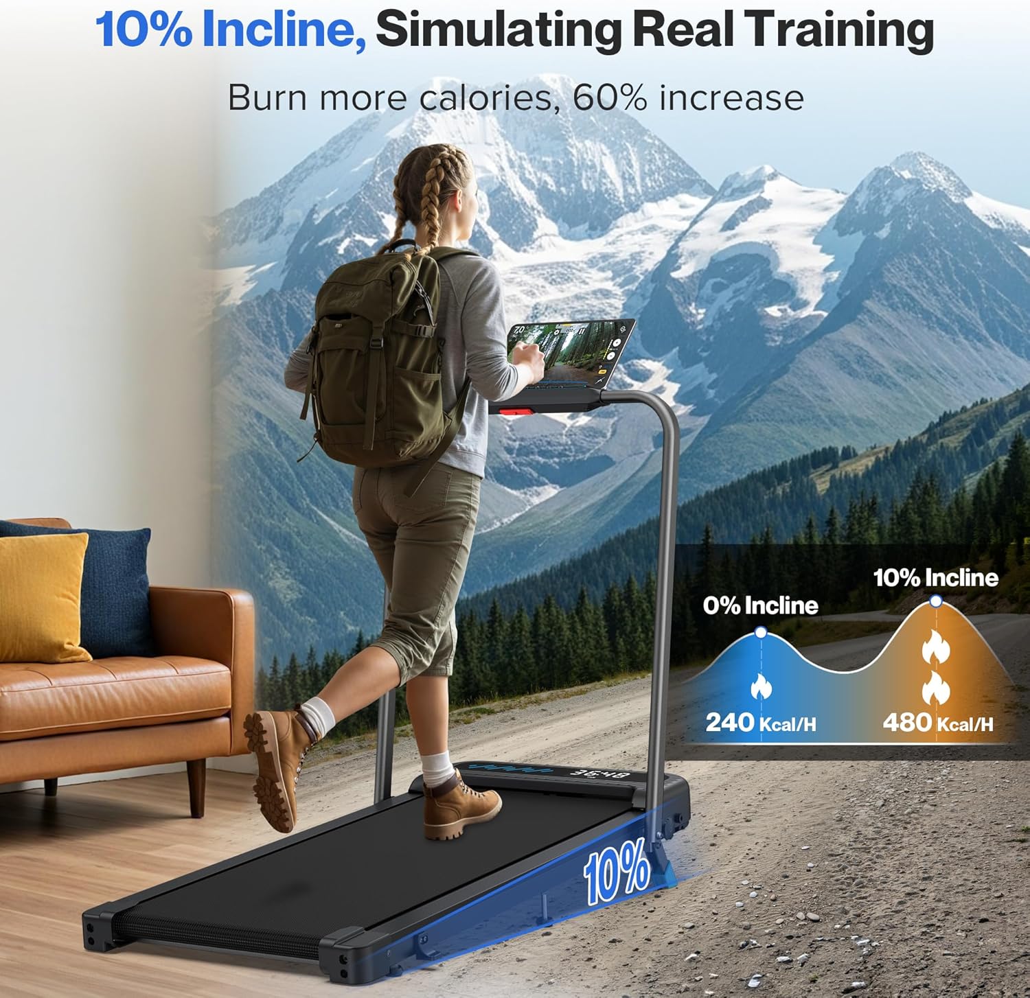 Foldable Treadmill with 10% Incline, 4 in 1 Compact Walking Pad Treadmill with Handle Bar for Home Small Spaces, 3.0HP Portable Quiet Under Desk Treadmills, 350 LBS Capacity, Smart APP, LED Display image 2
